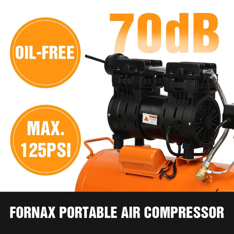 Fornax 8 Gallon Air Compressor With 1HP Oil Free Motor Delivering 2.2 Cfm At Max 125 Psi. Ultra Quiet 70 Db Design Makes This Portable Tank Perfect For Nail Guns, Tire Inflation, And Diy Home Projects While The Lightweight Frame With Wheels Ensures Easy