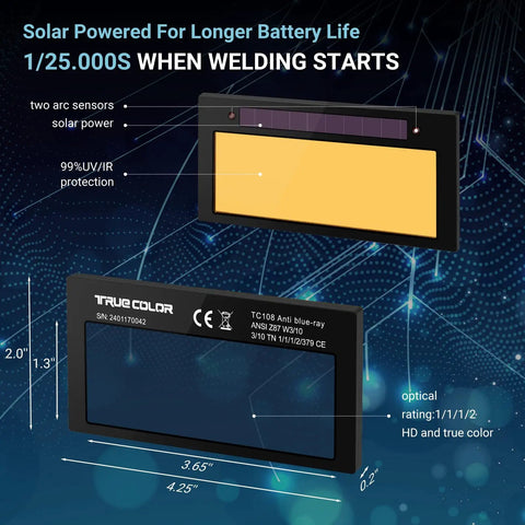 Auto Darkening Welding Lens 2x4 1/4 Solar Powered True Color Blue Replacement for Standard Welding Hoods and Helmets