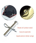 Beefy Adjustable Porous Clevis Pin Kit With Spring Steel 8 Hole Pin And R Clip For Farm And Automotive Fasteners Three Eighth Inch Diameter Four Pieces Galvanized, shown in use and detail view.