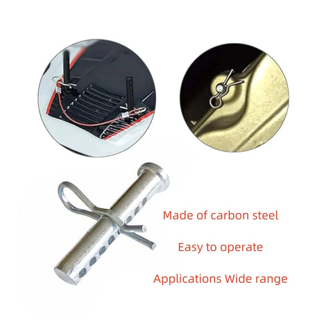 Beefy Adjustable Porous Clevis Pin Kit With Spring Steel 8 Hole Pin And R Clip For Farm And Automotive Fasteners Three Eighth Inch Diameter Four Pieces Galvanized, shown in use and detail view.