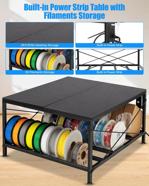All In One 3D Printer Table With Enclosure Heavy Duty Workstation showing filament storage and built-in power strip features