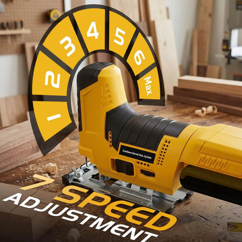 Cordless Jigsaw With Brushless Motor, Barrel Grip, 7 Speed, shown with speed adjustment display in workshop setting