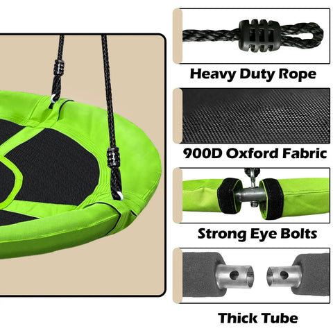 Close-up of 40 Inch Saucer Tree Swing for Kids With 500 Lb Weight Capacity Waterproof Platform, showcasing heavy-duty ropes, fabric, and frame details.