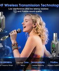 Woman singing with UHF Wireless XLR Microphone System With 262 Ft Range 8 Hour Battery 9 Channel Transmitter And Receiver Mic Adapter