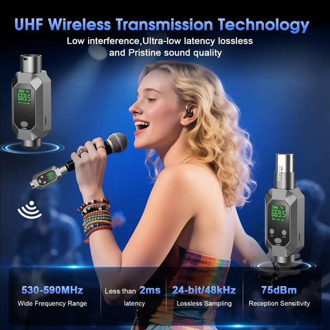 Woman singing with UHF Wireless XLR Microphone System With 262 Ft Range 8 Hour Battery 9 Channel Transmitter And Receiver Mic Adapter