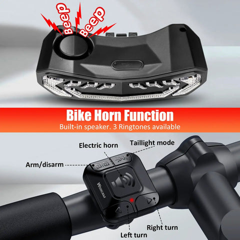 Smart Bike Tail Light For Cargo Rack With Turn Signals And Brake Light Auto On Off USB Rechargeable Wireless Remote Horn Alarm Anti Theft Vibration Sensor Rear Bicycle Light With Rack Mount For Night Riding, black