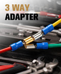 50 Piece Heavy Duty Piggyback Spade Connectors Bulk Kit For Auto Wiring And Home Repair with a 3 way adapter.