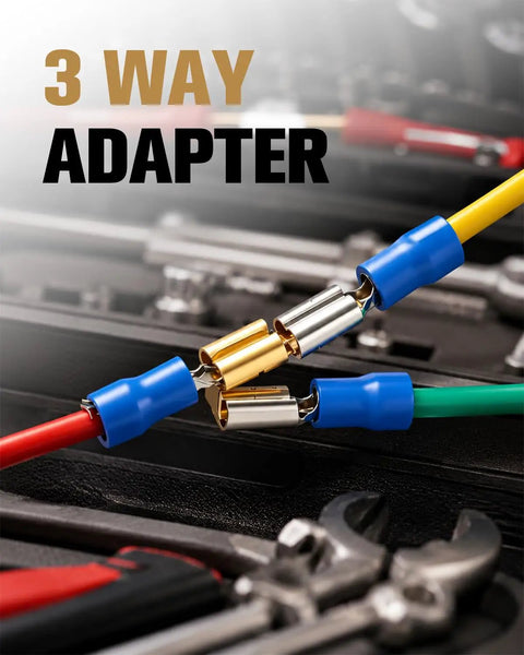 50 Piece Heavy Duty Piggyback Spade Connectors Bulk Kit For Auto Wiring And Home Repair with a 3 way adapter.