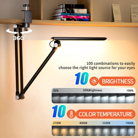 Led Desk Lamp With Swing Arm And Clamp Dimmable Ten Color Modes From 2700K To 7000K Ten Brightness Levels Eye Friendly Light