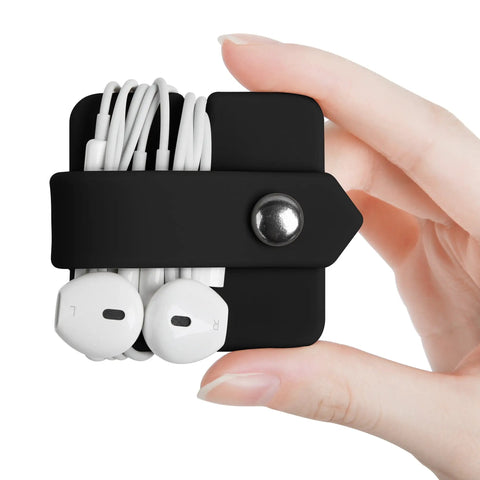 Headphone Case And Cable Organizer For Earbuds And Headphones Cord Winder And Earphone Holder Case Wrap Winder Headset Keeper Cable Manager Portable Silicone Black Cover held in hand