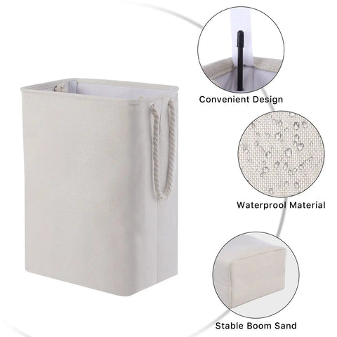 Two Pack Stand Up Laundry Hampers With Built In Lining Detachable Rods, close-up of cream linen material and handy handles.