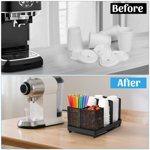 Six-Compartment Cup And Lid Holder For Countertop With Straw Holder Tough Plastic Coffee Cup Rack For 10-22oz Paper Cups in use