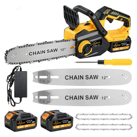 12 Inch Cordless Electric Chainsaw With 20V Battery Auto Oiler Dual 4.0Ah Batteries Two Chains Compact Light Design For Tree Trimming Wood Cutting And Pruning Brushless Motor, includes charger and screwdriver