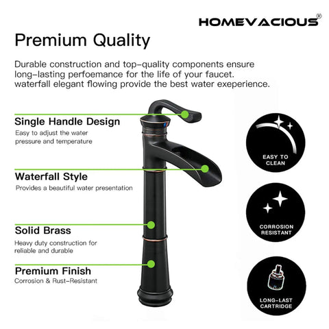 Antique Oil Rubbed Bronze Vessel Sink Faucet With Waterfall Spout Tall Single Hole Farmhouse Black Finish Pop Up Drain One Handle