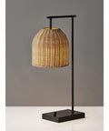 Bahama Table Lamp With Dark Bronze Finish For Warm Coastal Modern Vibes, rattan shade, 24.5in tall, on white surface.