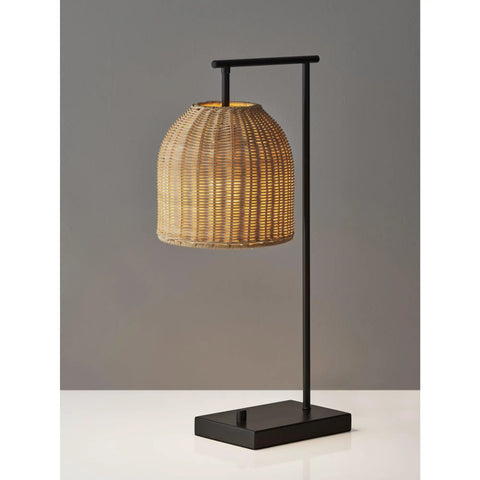 Bahama Table Lamp With Dark Bronze Finish For Warm Coastal Modern Vibes, rattan shade, 24.5in tall, on white surface.