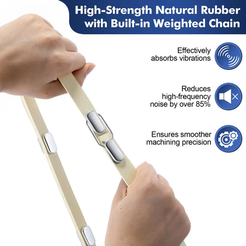 Hands holding Adjustable Brake Lathe Silencer Band For Ventilated Rotors with built-in weighted chain and vibration control features