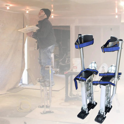 Adjustable Drywall Stilts 15 To 23 Inch Aluminum Tool Stilt For Painting And Cleaning in use by worker, lightweight silver