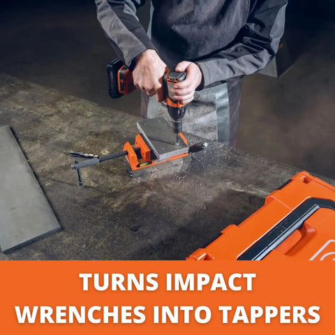 Universal 1/2 Inch Square Drive Impact Wrench Tapping Adapter For Drill Countersink And Threading Up To 1 Inch in use with drill.