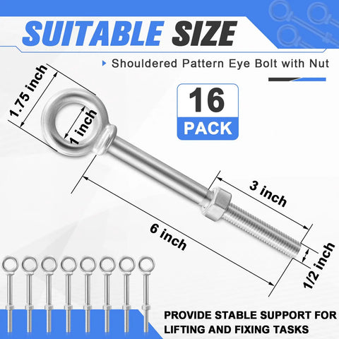 16 Pack Shouldered Eye Bolts With Nuts Half Inch By Six Inch Hot Dip Galvanized Heavy Duty Industrial Lifting Anchoring Hanging For Real World Builds Tough As Nails Construction And DIY Projects, 1/2 x 6 in eye bolt with nut