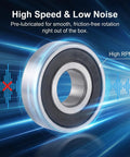 Closeup of 10-Pack 608-RS Ball Bearings With Double Rubber Seals, focus on high speed and low noise with soundwave graphics