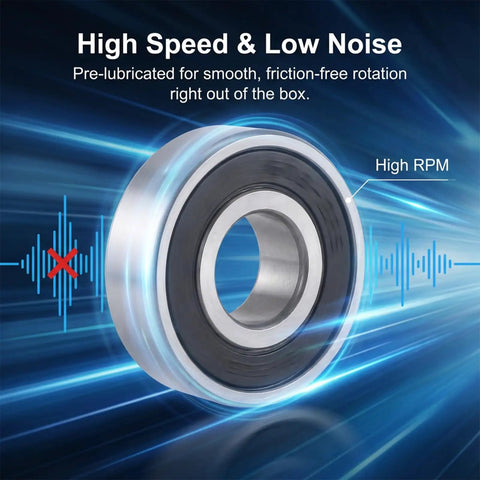 Closeup of 10-Pack 608-RS Ball Bearings With Double Rubber Seals, focus on high speed and low noise with soundwave graphics