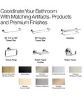 Artifacts bathroom hardware collection display with robe hook, towel bar, and finishes including Vibrant Brushed Moderne Brass.