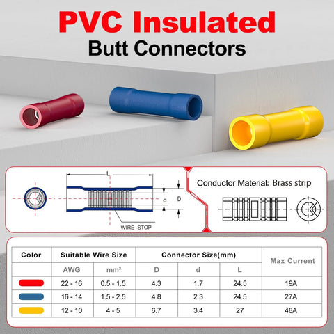Airic PVC insulated butt connectors in red, blue and yellow for 22–16 AWG; 100 pcs