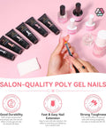 Hema Free Poly Gel Nail Kit With 6 Colors All In One Gel System in use, hand applying poly gel with brush on pink background