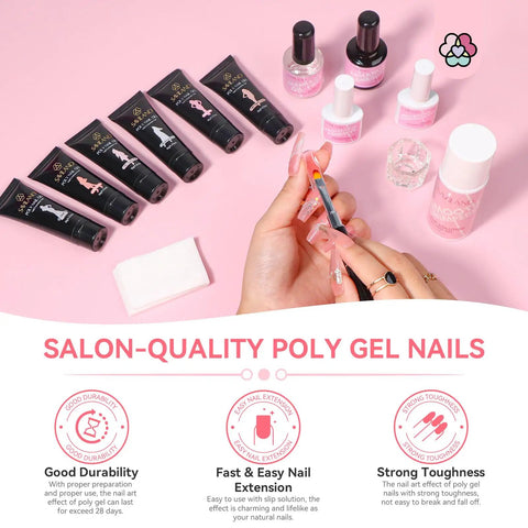 Hema Free Poly Gel Nail Kit With 6 Colors All In One Gel System in use, hand applying poly gel with brush on pink background