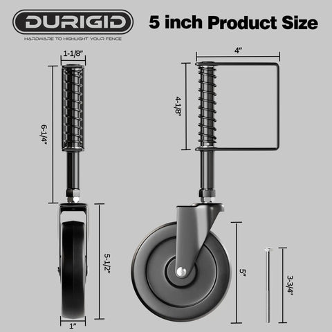 5 Inch Spring Loaded Gate Wheel Caster For Outdoor Gates Built Tough Heavy Duty Fence Wheel With 200 Lbs Capacity Fits Wooden Gates Durable PP Material Shock Absorbing Spring Black, front and side view with measurements, hardware included