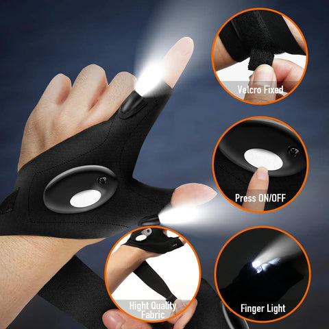 Fathers Day Gift For Dad And Husband LED Flashlight Gloves With Handy Fingerless Design Battery Powered Cool Gift For Men, showing glove features.
