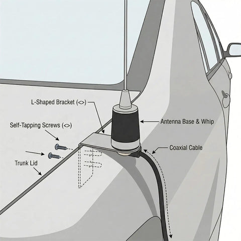 Diagram showing NMO VHF UHF Mobile Antenna Kit With 21 Inch Whip For Your Ride L Bracket Mount 13.1 Foot Coax Cable on car trunk.
