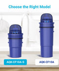 Two Aqua Crest filter models AQK-CF10A and AQK-CF10A-S on a counter, part of Six Pack Water Filter Replacements For All Pitcher And Dispenser Filtration Systems Including CRF950Z PPF951K PPF900Z With NSF Certification For Lead Free Safe Drinking Water Aqua Crest.