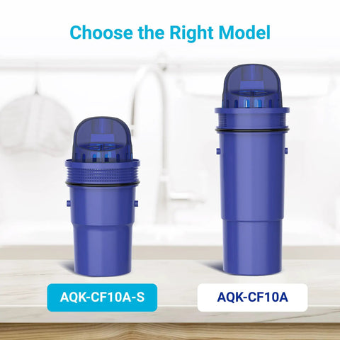 Two Aqua Crest filter models AQK-CF10A and AQK-CF10A-S on a counter, part of Six Pack Water Filter Replacements For All Pitcher And Dispenser Filtration Systems Including CRF950Z PPF951K PPF900Z With NSF Certification For Lead Free Safe Drinking Water Aqua Crest.