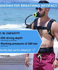 Man using Mini Scuba Tank 1.9L Twin Pack Portable Diving Tank Reusable Pony Bottle For Underwater Exploration Lung Air Tank Kit.