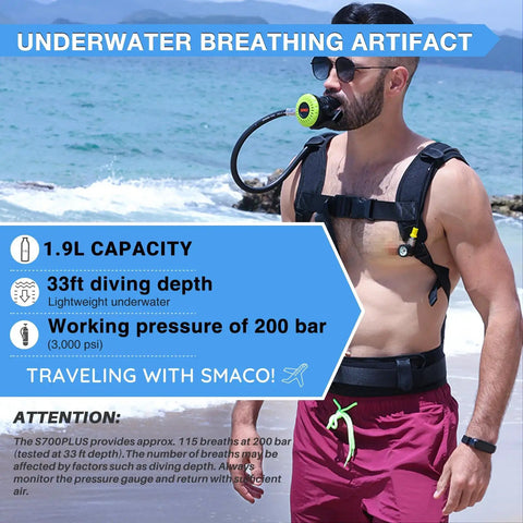 Man using Mini Scuba Tank 1.9L Twin Pack Portable Diving Tank Reusable Pony Bottle For Underwater Exploration Lung Air Tank Kit.