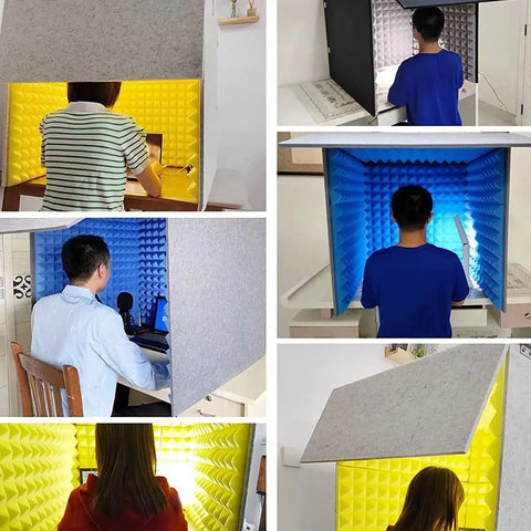Portable Desktop Soundproof Vocal Booth With Heavy Duty Acoustic Foam Panel And Quick Setup Recording Shield Blows Out Room Echo Perfect For Clean Home Studio Takes Big Time with users inside recording.