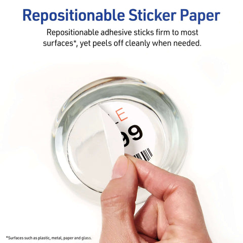 Avery printable sticker paper sheet, 8.5 x 11, matte white with repositionable adhesive; close-up of peeling label.