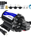 Heavy Duty Self Priming Water Booster Pump Built Tough To Crush Low Pressure With Smooth Auto Switch For Kitchen Garden Home Or Yacht At 110V AC And 4 GPM Flow, includes connections and components.
