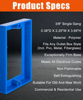 Six Pack One Half Inch Single Gang Outlet Box Extenders With Twenty Screws For Receptacles And Switches Blue Keeps Walls Neat And Flush No Hassle Easy Install Durable Receptacle Extender Kit, polymer material, product specs shown