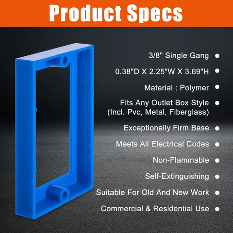 Six Pack One Half Inch Single Gang Outlet Box Extenders With Twenty Screws For Receptacles And Switches Blue Keeps Walls Neat And Flush No Hassle Easy Install Durable Receptacle Extender Kit, polymer material, product specs shown