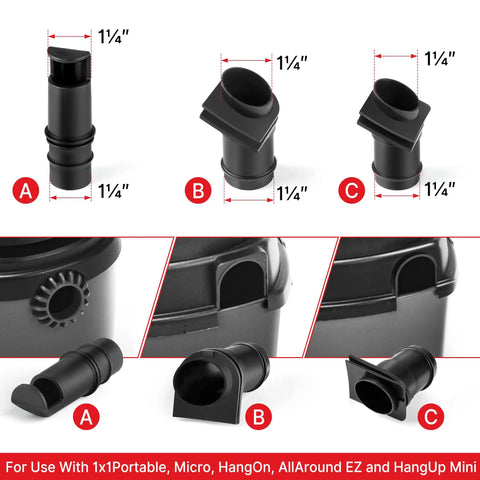 Various components of Beefy 4 Ft Vacuum Hose 1-1/4 Inch Diameter For Wet Dry Vacuums displayed with size details