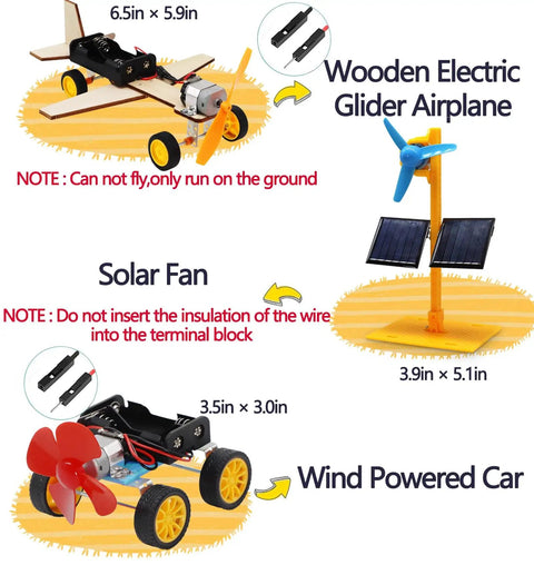 Hands-On STEM Kit For Kids Aged 8-12 With Solar Car, Solar Fan, Wind Car, And Wooden Plane - Fun Science Experiments For Family Bonding And Creative Engineering Projects. Wooden electric glider airplane, solar fan, and wind car models with size labels