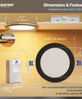 Ensenior 6 Pack 6 Inch LED Recessed Lights with Night Light, 5CCT 1100LM dimensions and features diagram, including cutout sizes.