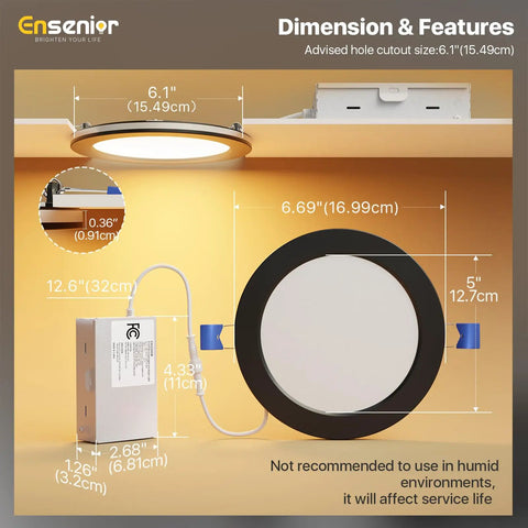 Ensenior 6 Pack 6 Inch LED Recessed Lights with Night Light, 5CCT 1100LM dimensions and features diagram, including cutout sizes.