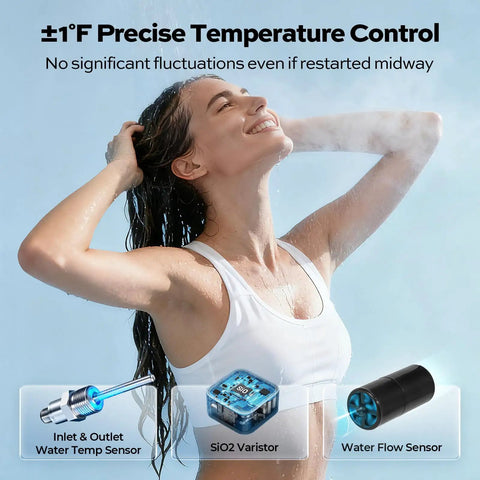 A young woman enjoying a shower demonstrating the Powerful 14kw Electric Tankless Water Heater Delivers 240v On Demand Instant Heat.