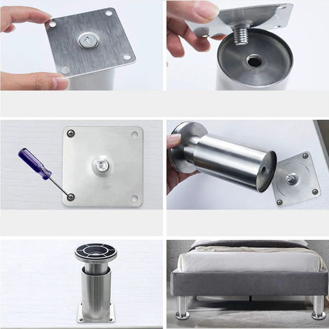 Heavy Duty Stainless Steel Furniture Legs Set Of 4 With Screws, Adjustable Feet shown with bed installation