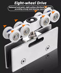 Close-up of Glass Sliding Door Track Kit For Closet Barn Bypass And Pocket Doors Aluminum Rail System With Rollers and Floor Guide, eight-wheel design.