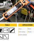 Applying Do It All Black Polyurethane Sealant Adhesive, 10.1 Fl Oz, in a caulking gun on metal surface, highlighting tools and applications.